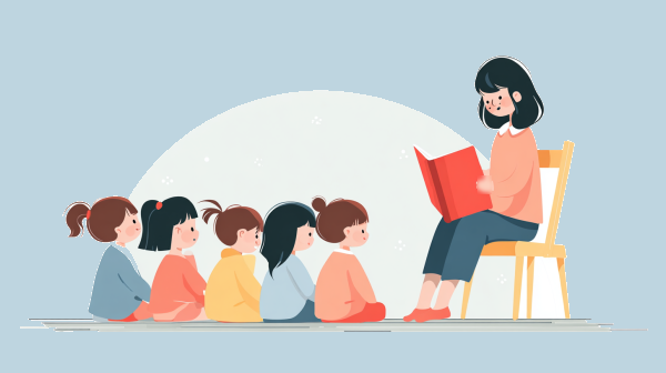 معلمی در حال کتاب خواندن برای بچهها در مدرسه
