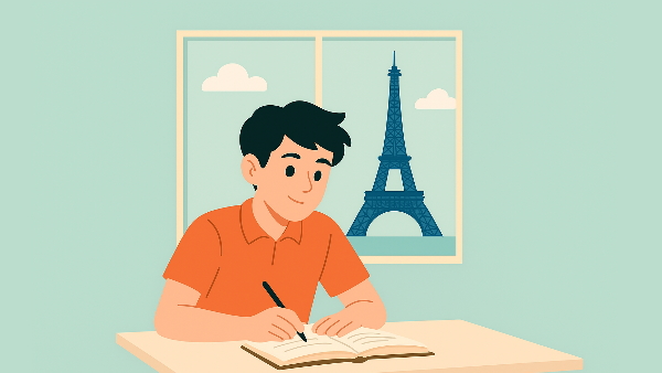 دانش آموزی در حال تمرین جمله واره ها در فرانسوی