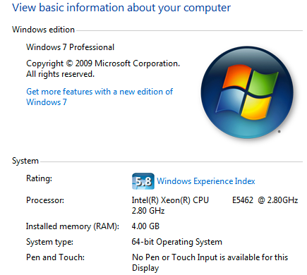 صفحه مربوط به مشخصات کامپیوتر و ویندوز
