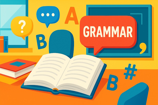 تصویری که از چند کتاب تشکیل شده است و یکی از کتاب ها باز است وتداعی کننده آموزش گرامر انگلیسی است.