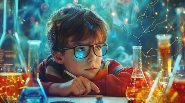 پسری در کنار ظروف ازمایشگاهی در حال فکر