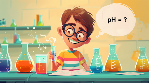 پسری در حال فکر کنار ظروف آزمایشگاهی و علامت pH