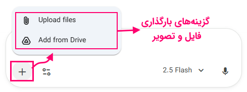 گزینه های مربوط به آپلود فایل و تصویر در هوش مصنوعی گوگل