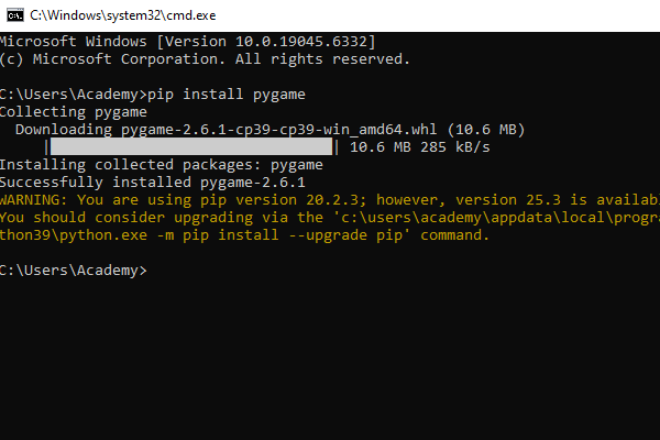 دانلود و نصب کتابخانه pygame در پایتون