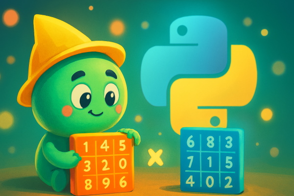 عروسک سبز رنگ در حال انجام ضرب ماتریس در پایتون است.
