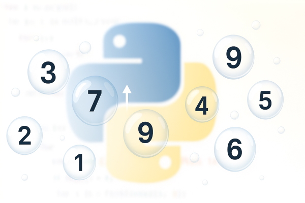 حباب‌هایی که برروی آن‌ها عدد نوشته شده است. لوگوی پایتون در پس زمینه