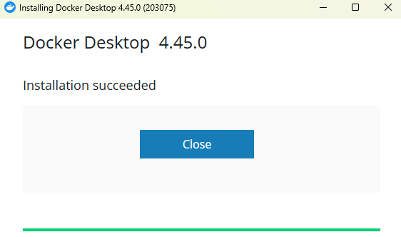 صفحه اعلام موفقیت آمیز نصب داکر در ویندوز