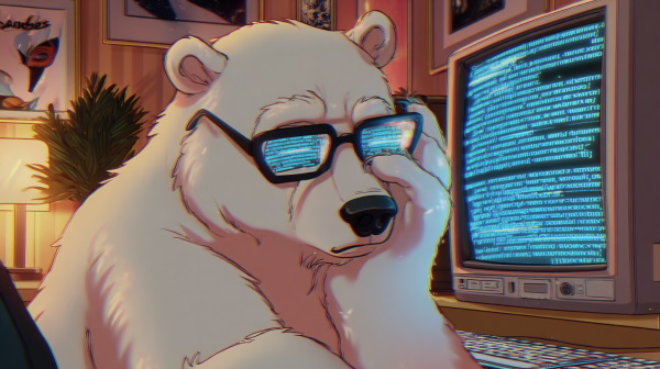 خرس قطبی نشسته در مقابل مانیتور و در حال برنامه نویسی