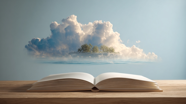 دفتر باز روی میز با تصویری از درخت و ابر بالای آن - تکنیک های ایده پردازی