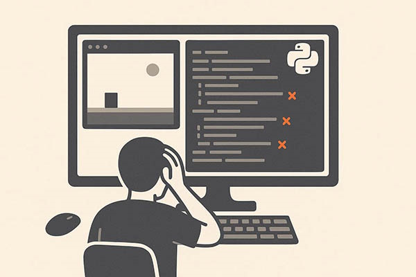فردی پشت کامپیوتر نشسته است و در حال نوشتن کد ساخت بازی با پایتون است که اشتباهات بسیاری نیز دارد