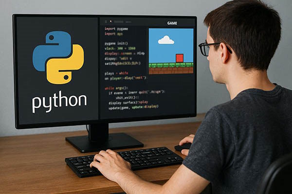 فردی پشت کامپیوترش نشسته است و در حال نوشتن کد ساخت بازی با پایتون است