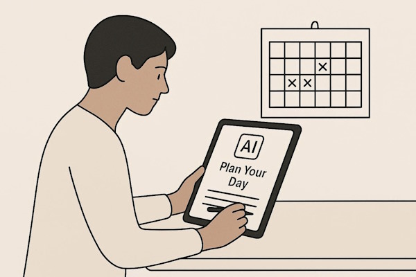 تصویر برداری مینیمال از فردی که با استفاده از هوش مصنوعی کارهای روزانه خود را برنامهریزی میکند، فرد با یک دستیار دیجیتال یا رابط کاربری هوش مصنوعی در تعامل است که یادآورها، اعلانها و آیکونهای تقویم را نشان میدهد - برنامه ریزی روزانه با هوش مصنوعی