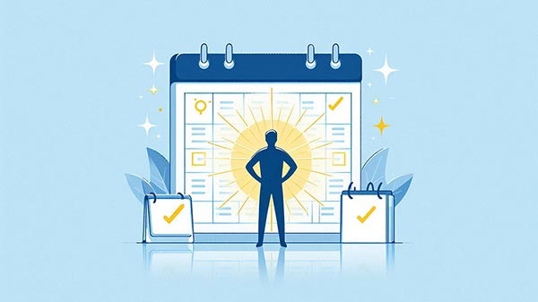 یک شخص در مقابل یک تقویم یا چک لیست درخشان ایستاده که نماد وضوح و هدف است - پسزمینه سفید، طراحی ساده و مدرن تخت، حال و هوای انگیزشی - برنامه ریزی روزانه با هوش مصنوعی