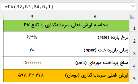محاسبه ارزش فعلی سرمایه گذاری در اکسل-present-value