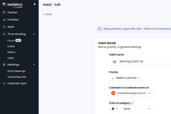 تصویری از رابط کاربری ابزار Reclaim AI برای برنامه ریزی روزانه با هوش مصنوعی