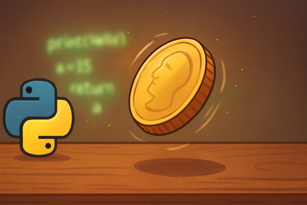 لوگوی پایتون و کدهای برنامه نویسی مبهم و یک سکه با علامت سر بر روی میز