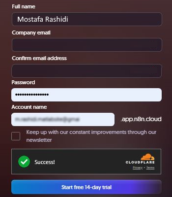 صفحه مربوط به ثبت نام N8N