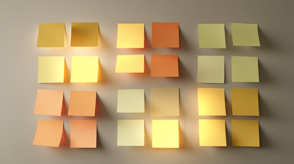 تعداد استیکی نوت در رنگ های زرد و نارنجی و سبز به دیوار چسبانده شده اند - تکنیک های ایده پردازی