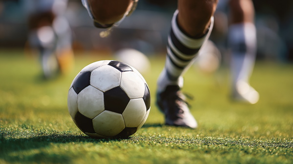 بازیکن فوتبال در حال ضربه به توپ