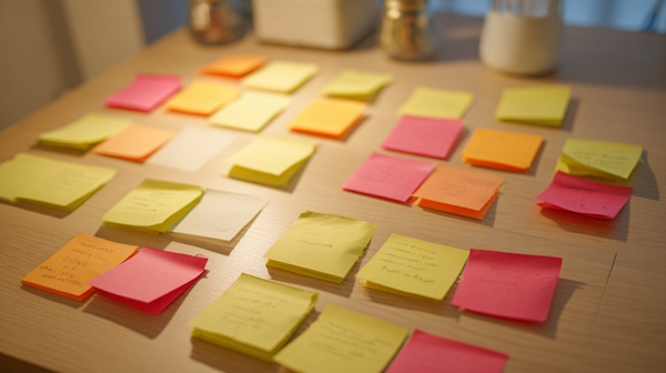 کاغذهای چسبان رنگارنگ دارای متن روی میز - تکنیک های ایده پردازی