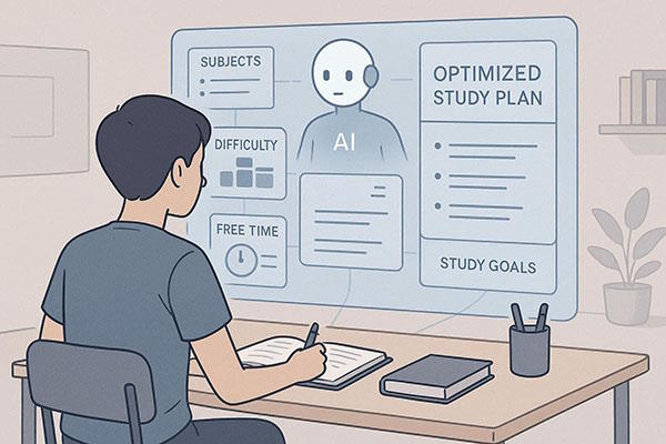 دانش‌آموزی که پشت میز نشسته و با دستیار هوش مصنوعی که روی یک صفحه نمایش بزرگ هولوگرافیک یا دیجیتال نمایش داده می‌شود، تعامل دارد. هوش مصنوعی به صورت بصری موضوعات، سطح دشواری، زمان آزاد و اهداف مطالعه را تجزیه و تحلیل می‌کند تا یک برنامه مطالعه بهینه ایجاد کند - برنامه ریزی درسی با هوش مصنوعی رایگان