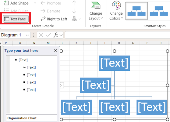 دکمه text pane در نمودار-کشیدن چارت سازمانی در اکسل