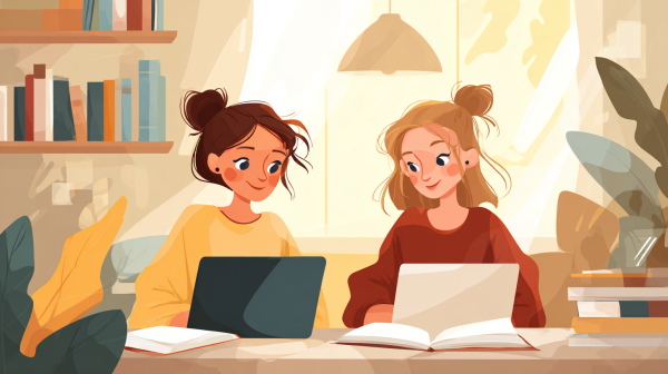 دو دختر در حال درس خواندن با لپتاپ