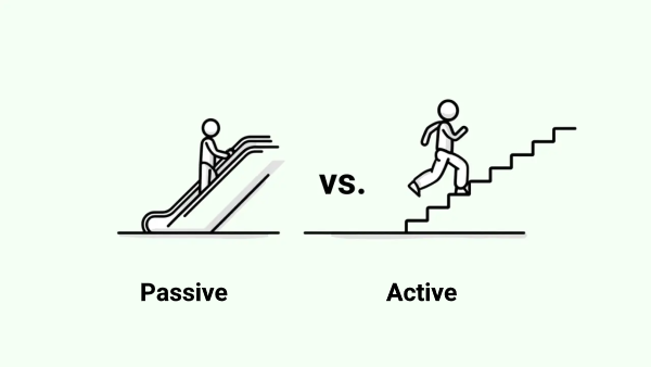 دو نفر که از پله برقی و پله معمولی بالا می‌روند برای نشان دادن گرامر پسیو و اکتیو