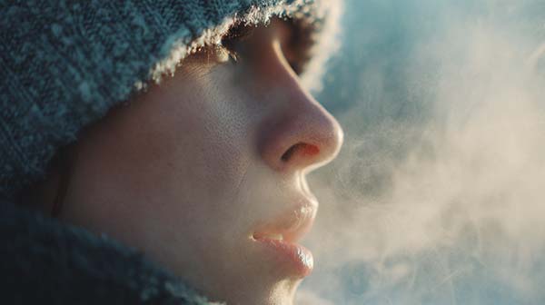 فردی در حال تنفس در هوای سرد