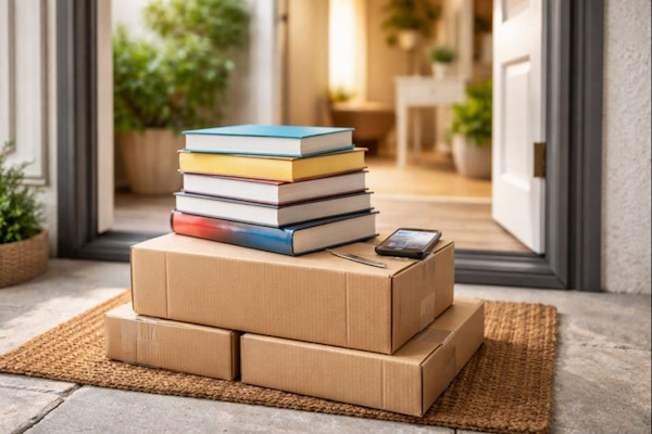 تصویری که تعدادی کتاب را در مقابل یک موبایل نمایش می دهد