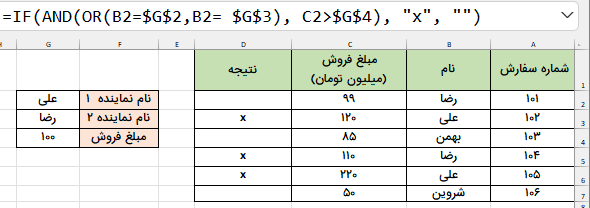 مثال ترکیب توابع if و and و or- فرمول چند شرطی
