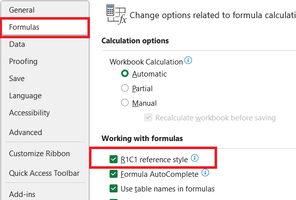 تنظیمات r1c1 در اکسل-ارجاع سلول