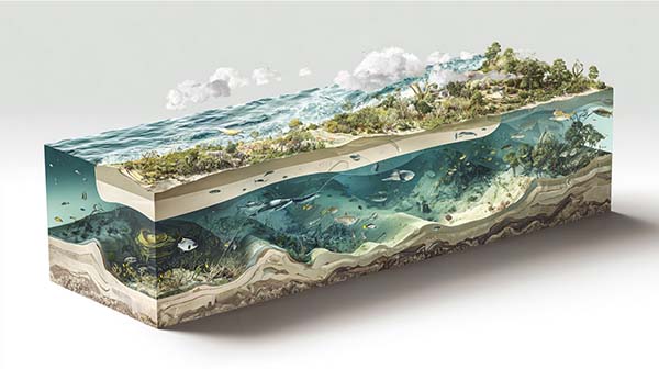 نمای کناری یک قطعه ار زیست کره شامل آب و خشکی و جانوران و گیاهان