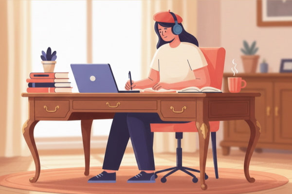 دختری در حال مطالعه ساختار جمله در زبان فرانسه