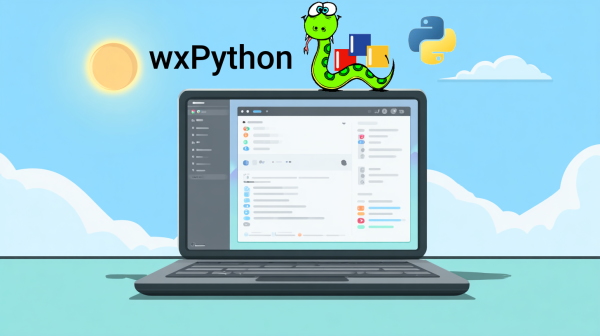 لوگوی wxPython بر روی مانیتور لپتاپ در کنار لوگوی پایتون