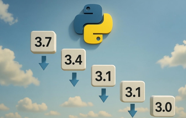 بلوک‌هایی با شماره‌های اعشاری و فلش روبه‌پایین در زیر آن‌ها در زیر لوگوی پایتون