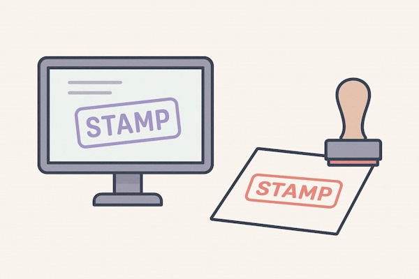 تصویری که در سمت راست آن مهر فیزیکی و در سمت چپ آن مهر انلاین در صفحه نمایش کامپیوتر قرار دارد و این دو با یکدیگر مقایسه می‌شوند - تبدیل عکس به مهر انلاین