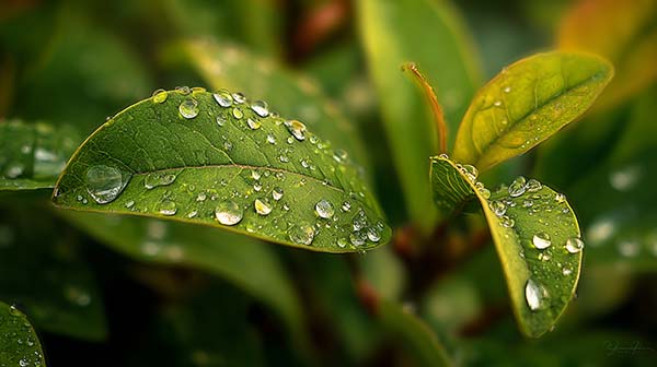 شبنم روی برگ‌های سبز