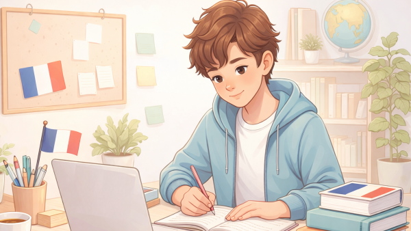 پسری در حال یادگیری زبان فرانسه