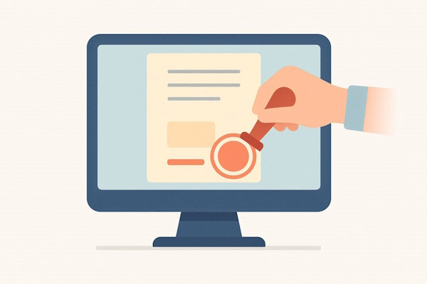 در یک مانیتور یک مهر دیجیتال نشان داده شده است که بر روی یک سند در حال اعمال شدن است - تبدیل عکس به مهر انلاین