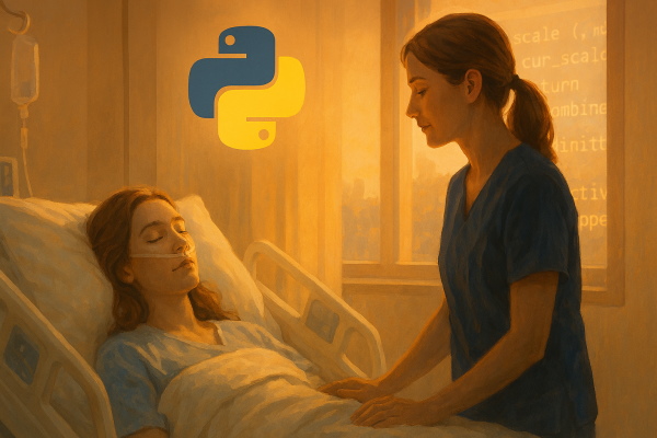بیماری بر روی تخت و یک پرستار بر بالین او همراه با لوگوی پایتون