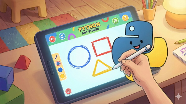 لوگوی پایتون در حال رسم اشکال گرافیکی رنگی بر روی یک تبلت است.