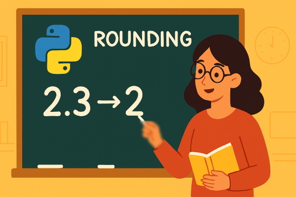 خانوم معلم بر روی تخته‌سیاه روش کار تابع round در پایتون را توضیح می‌دهد.