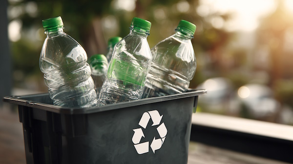 سطل زباله حاوی بطری پلاستیکی و علامت بازیافت