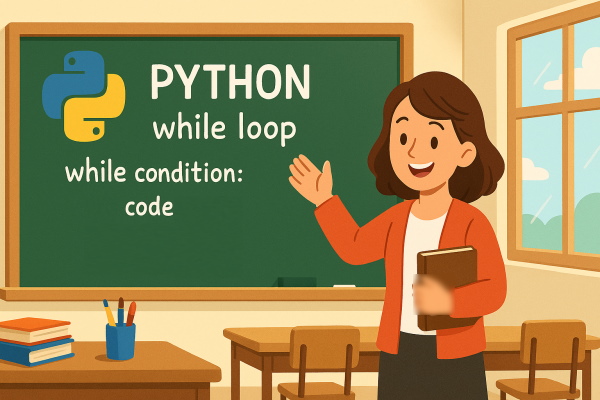 تصویر کارتونی از معلمی در کلاس درس و در حال تدریس حل مسئله با while در پایتون