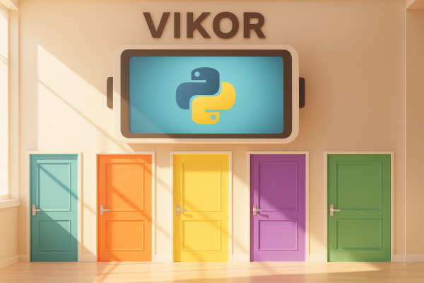 عبارت VIKOR و لوگوی پایتون در بالای چند در رنگی برای نمایش پیاده سازی VIKOR با پایتون