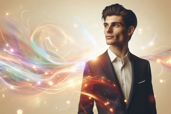 پسری با لبخند محو و نگاه کردن به افق درحالی‌که نورهای لرزان رنگارنگی دور او وجود دارد.