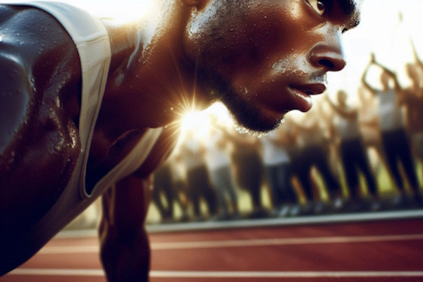 دونده‌ای در حال استارت زدن در یک مسابقه دو میدانی در حالی‌که تماشاچیان در حال تشویق کردن هستند.