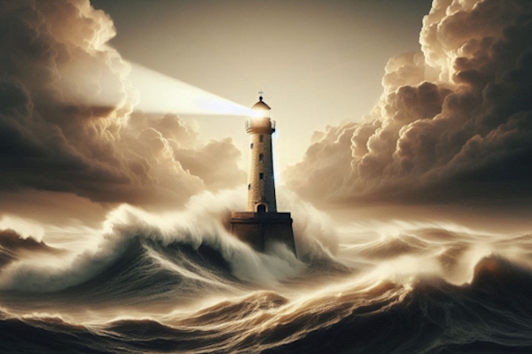 یک برج مراقبت در میان دریای طوفانی که در حالی نور انداختن به محیط اطراف است.