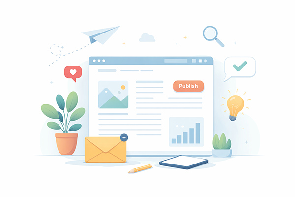 تصویری از نمایش یک مقاله اینترنتی که اطراف آن، المانهای فرایند تحریریه قرار دارد.